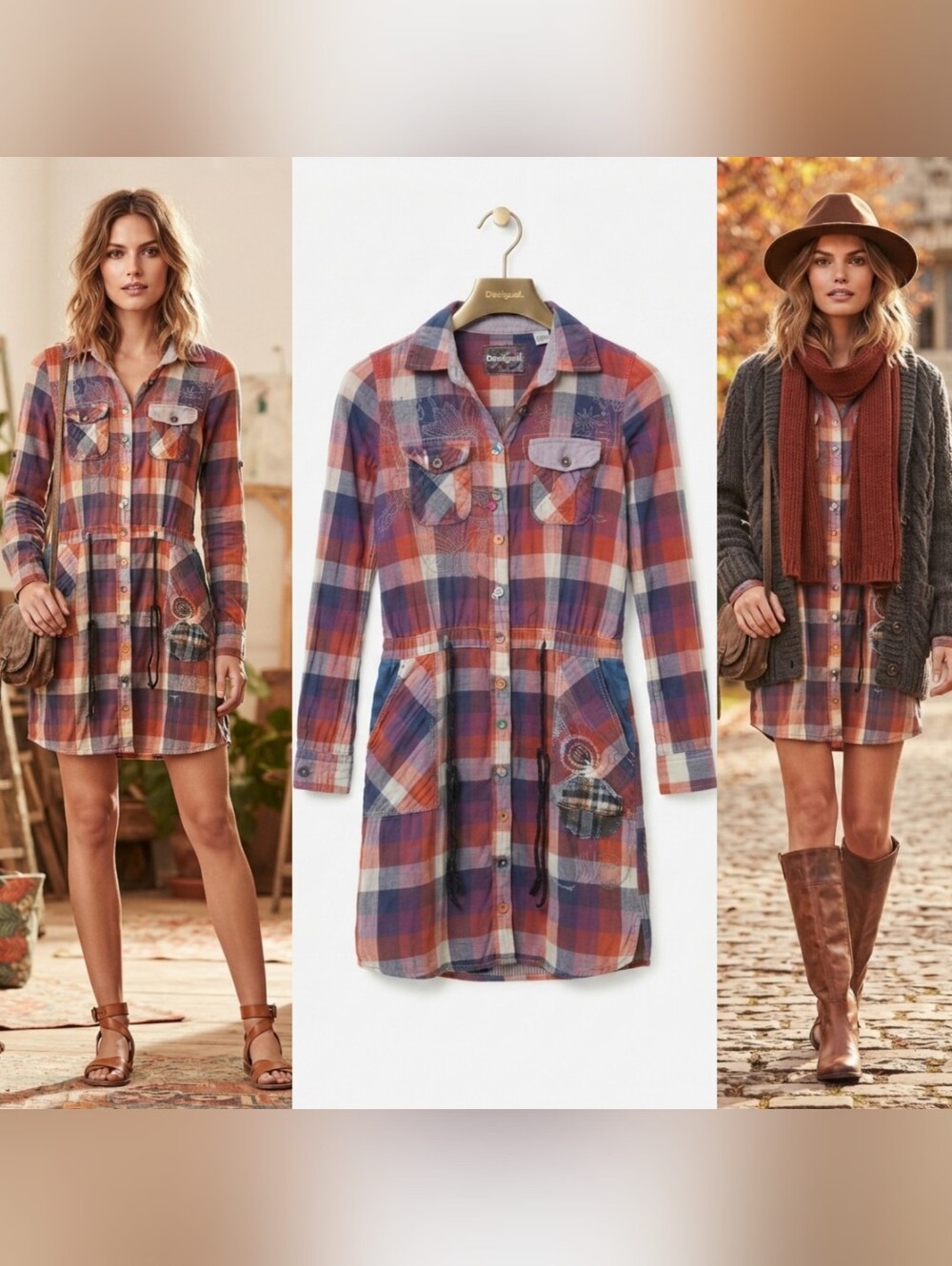 Desigual Plaid Patchwork Embroidered Denim Yoke Long Sleeve Shirt Dress Size 38